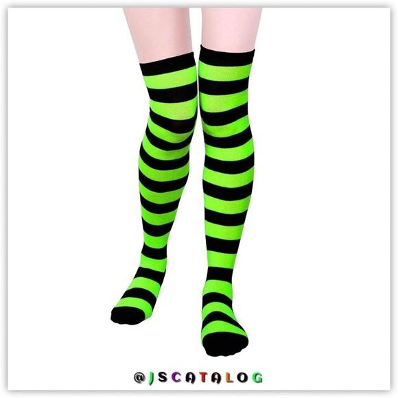 JSCatalog Accessories - Bright Green & Black Striped Cotton ThighHighs